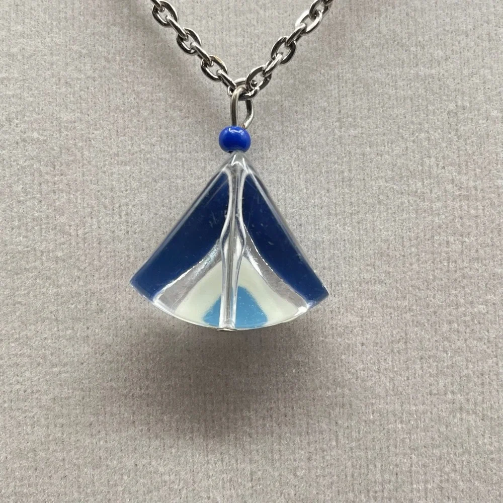 Vintage Womens Blue Glass Pendant & Crystal Bead Chain Fashion Necklace‎